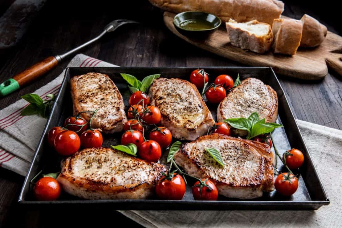 Pork loin steaks with cherry tomatoes & sweet basil recipe Murray